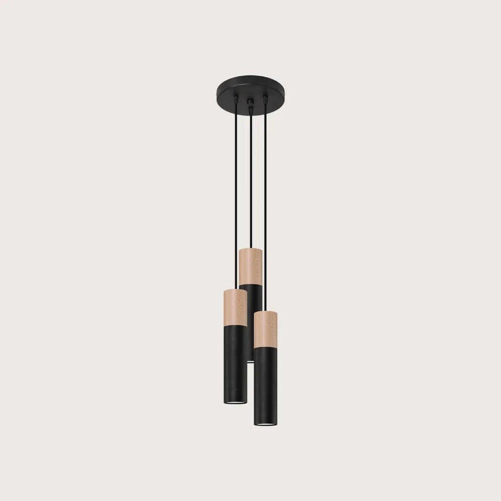 Suspension grappe 3 tubes acier et bois, coloris noir et bois naturel