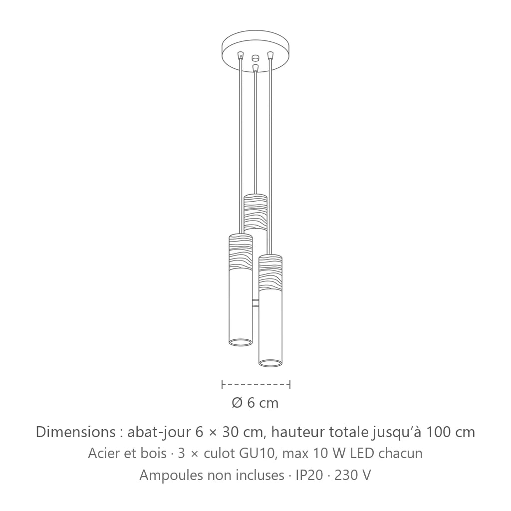 Dimensions : suspension grappe 3 tubes acier et bois, abat-jour 6 × 30 cm, hauteur totale jusqu’à 100 cm