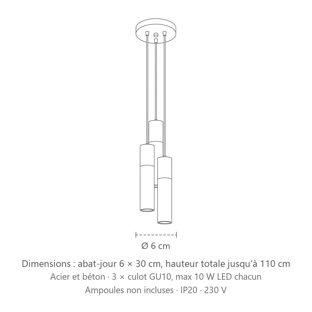 Dimensions : suspension grappe 3 tubes béton et acier, abat-jour 6 × 30 cm, hauteur totale jusqu’à 110 cm