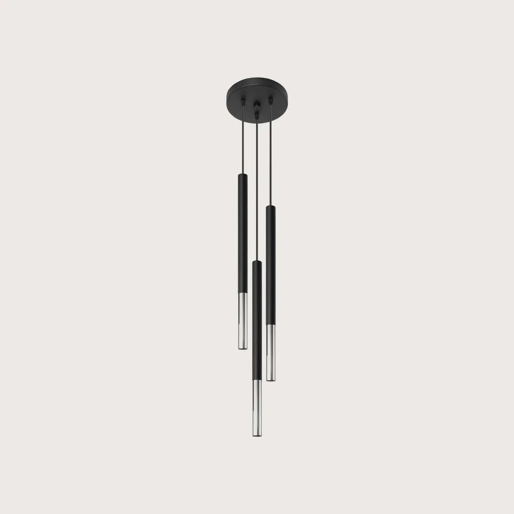 Suspension grappe 3 tubes fins noir et métal, coloris noir et chromé