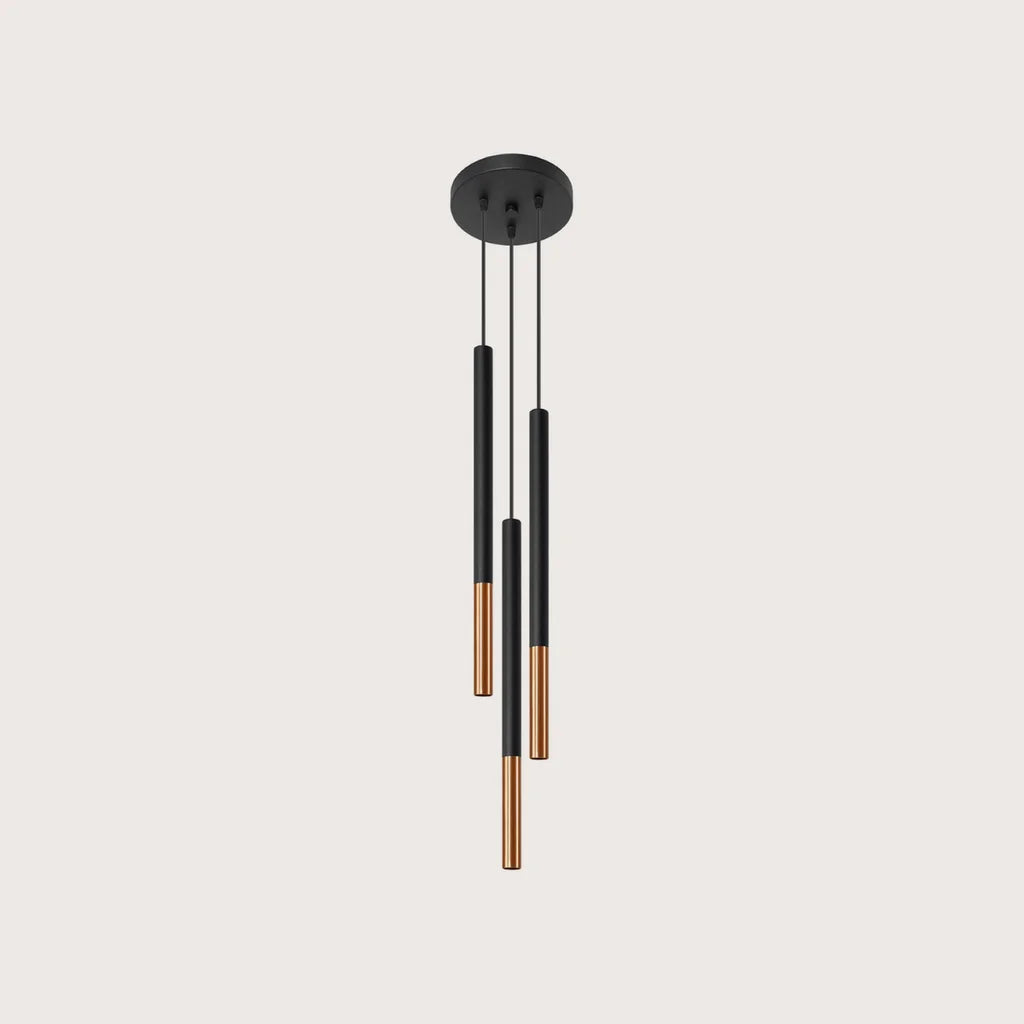 Suspension grappe 3 tubes fins noir et métal, coloris noir et cuivre