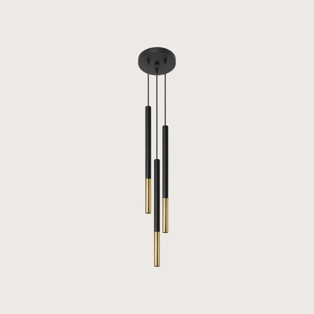 Suspension grappe 3 tubes fins noir et métal, coloris noir et or
