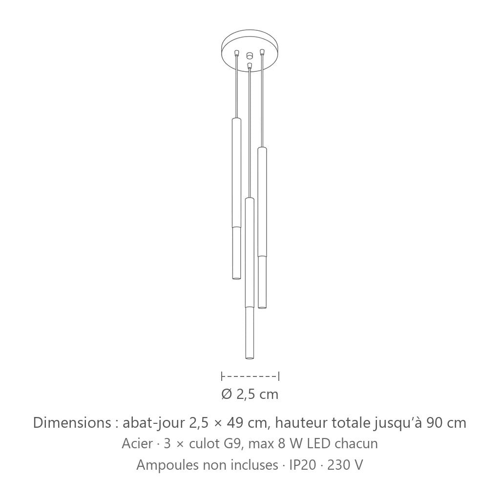 Dimensions : suspension grappe 3 tubes fins noir et métal, abat-jour 2,5 × 49 cm, hauteur totale jusqu’à 90 cm