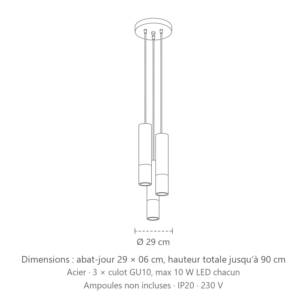 Dimensions : suspension grappe 3 tubes noir et métal, abat-jour 29 × 06 cm, hauteur totale jusqu’à 90 cm