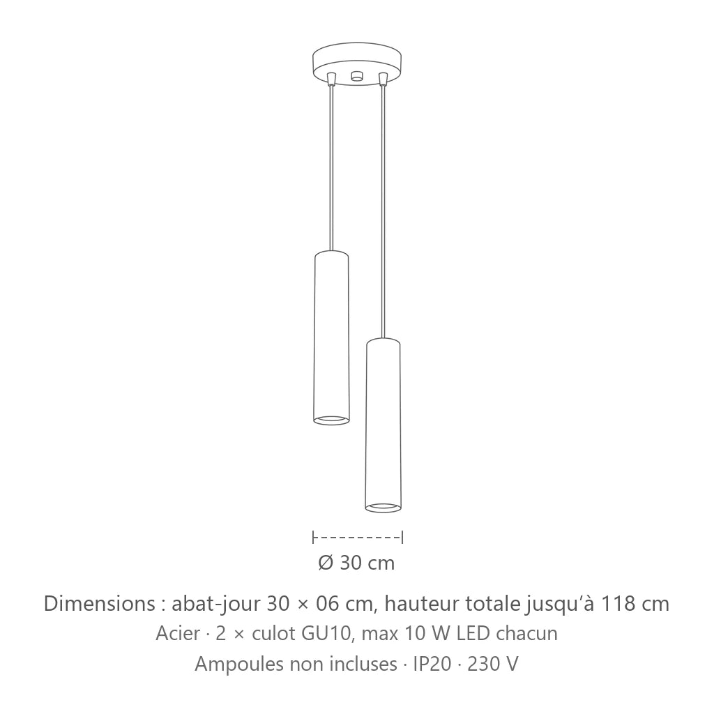 Dimensions : suspension grappe tubes acier (2 lumières), abat-jour 30 × 06 cm, hauteur totale jusqu’à 118 cm