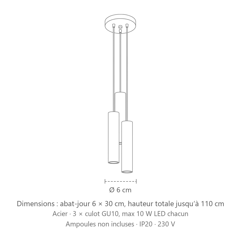 Dimensions : suspension grappe tubes acier (3 lumières), abat-jour 6 × 30 cm, hauteur totale jusqu’à 110 cm