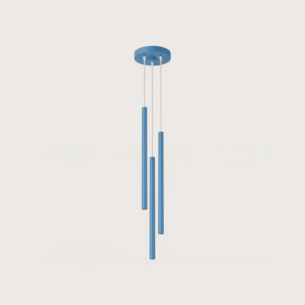 Suspension grappe tubes fins façon bougie, coloris bleu clair (3 lumières – acier)