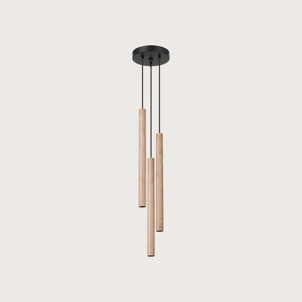 Suspension grappe tubes fins façon bougie, coloris bois naturel (3 lumières – acier)