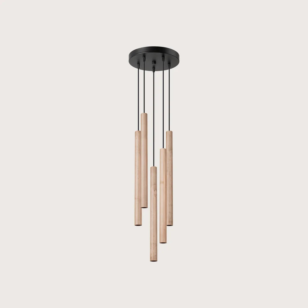 Suspension grappe tubes fins façon bougie, coloris bois naturel (5 lumières – acier)