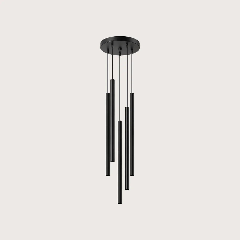 Suspension grappe tubes fins façon bougie, coloris noir (5 lumières – acier)