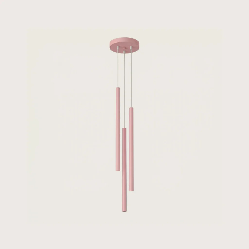 Suspension grappe tubes fins façon bougie, coloris rose (3 lumières – acier)