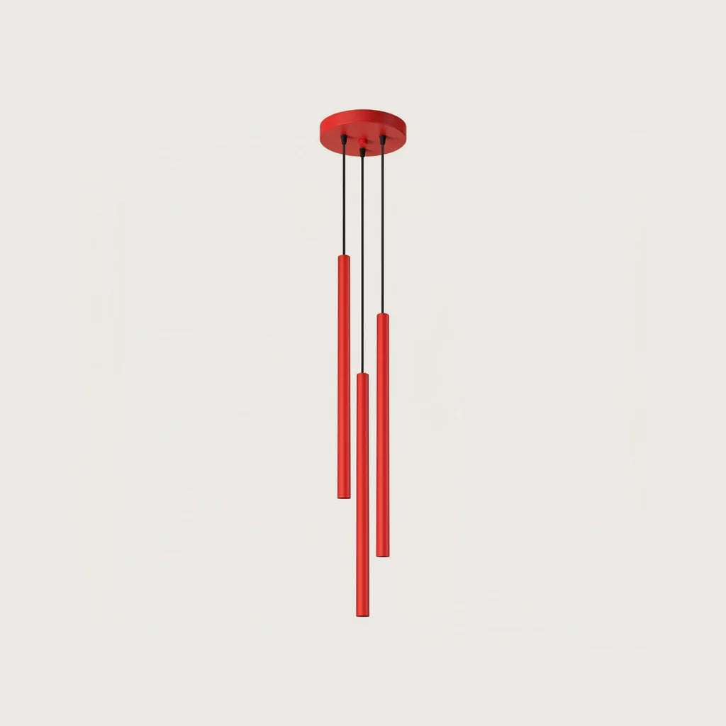 Suspension grappe tubes fins façon bougie, coloris rouge (3 lumières – acier)