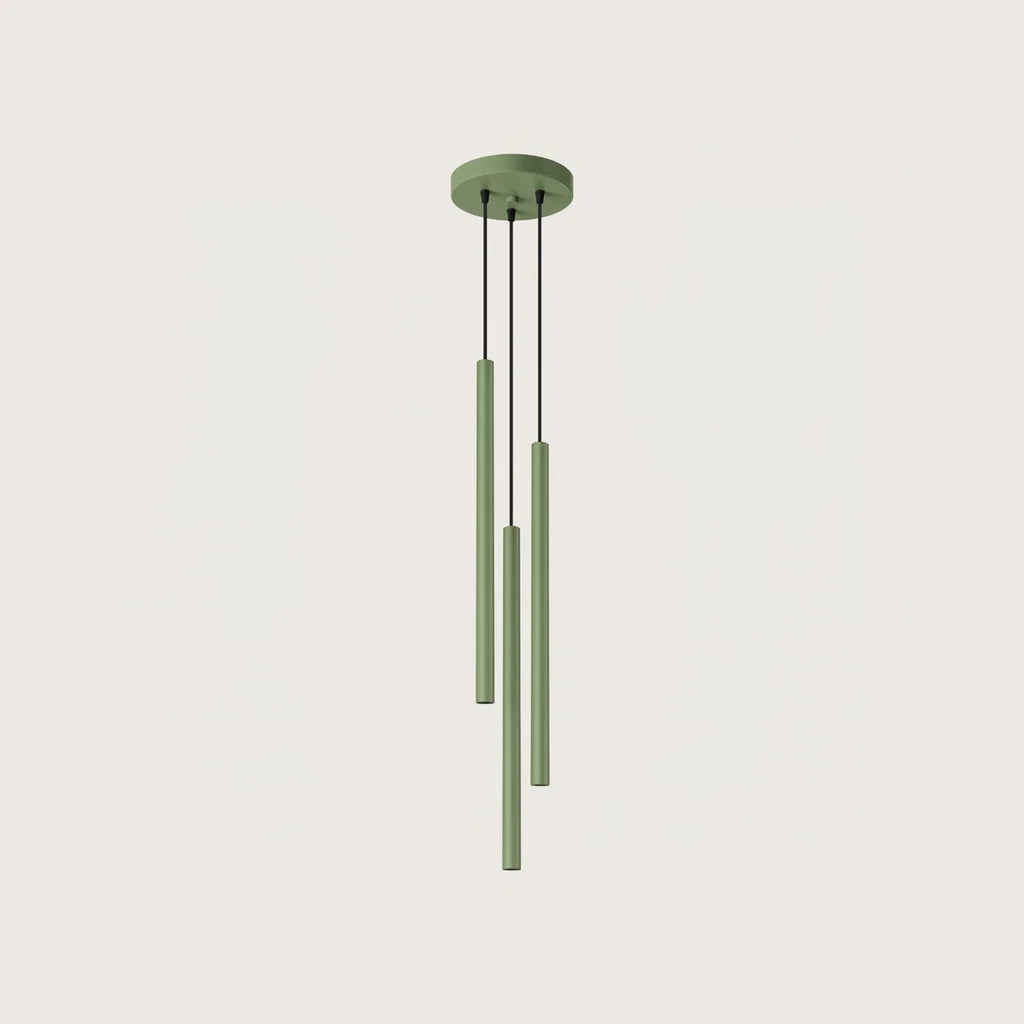 Suspension grappe tubes fins façon bougie, coloris sauge (3 lumières – acier)