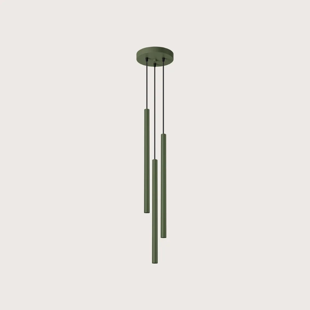 Suspension grappe tubes fins façon bougie, coloris vert olive (3 lumières – acier)