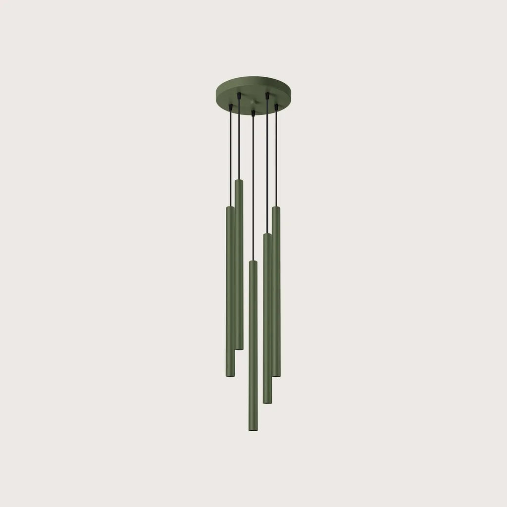 Suspension grappe tubes fins façon bougie, coloris vert olive (5 lumières – acier)