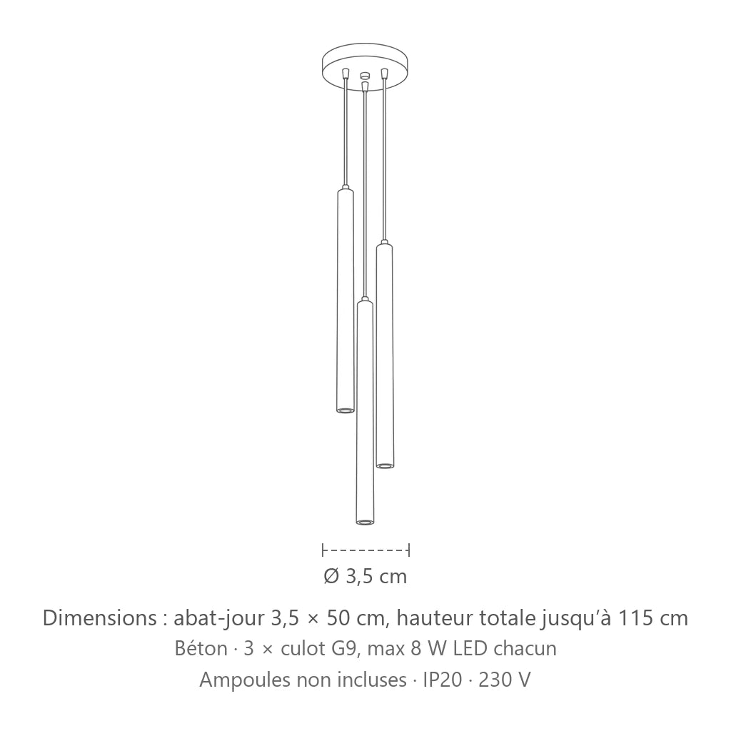 Dimensions : suspension grappe tubes fins façon bougie (3 lumières – béton), abat-jour 3,5 × 50 cm, hauteur totale jusqu’à 115 cm