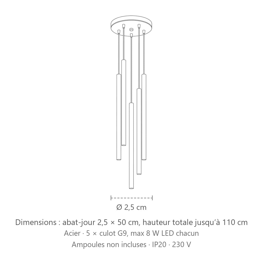 Dimensions : suspension grappe tubes fins façon bougie (5 lumières – acier), abat-jour 2,5 × 50 cm, hauteur totale jusqu’à 110 cm