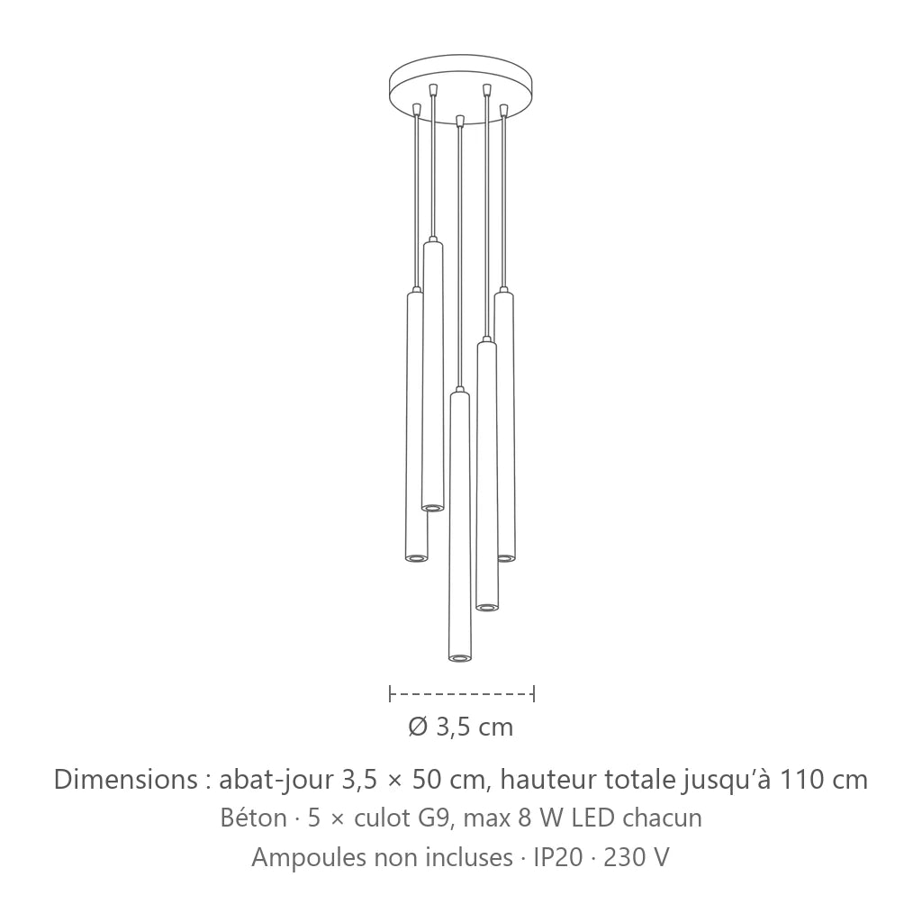 Dimensions : suspension grappe tubes fins façon bougie (5 lumières – béton), abat-jour 3,5 × 50 cm, hauteur totale jusqu’à 110 cm