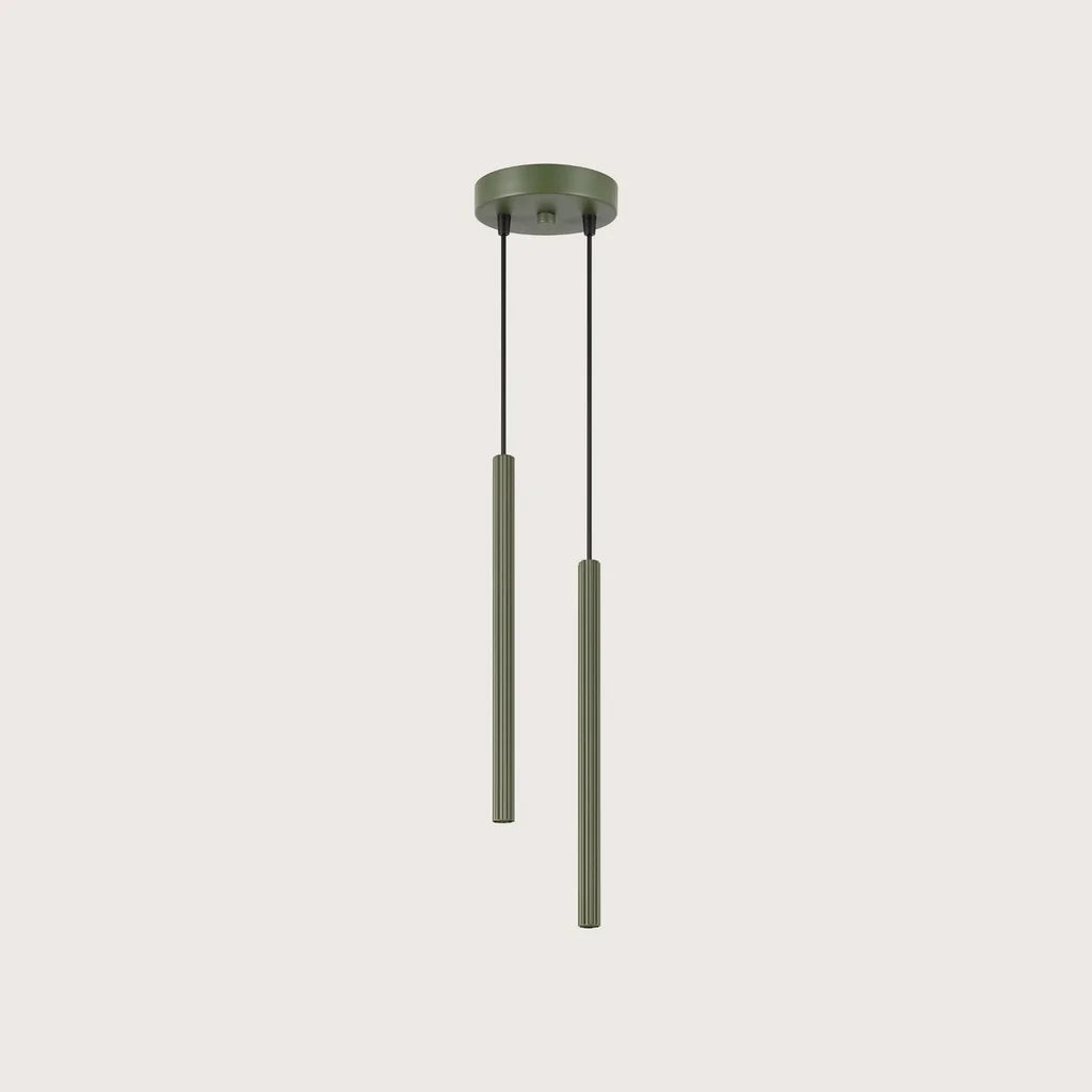 Suspension grappe tubes fins striés, coloris vert olive (2 lumières)