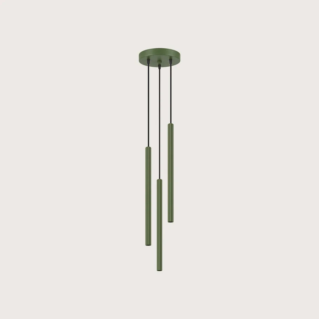 Suspension grappe tubes fins striés, coloris vert olive (3 lumières)