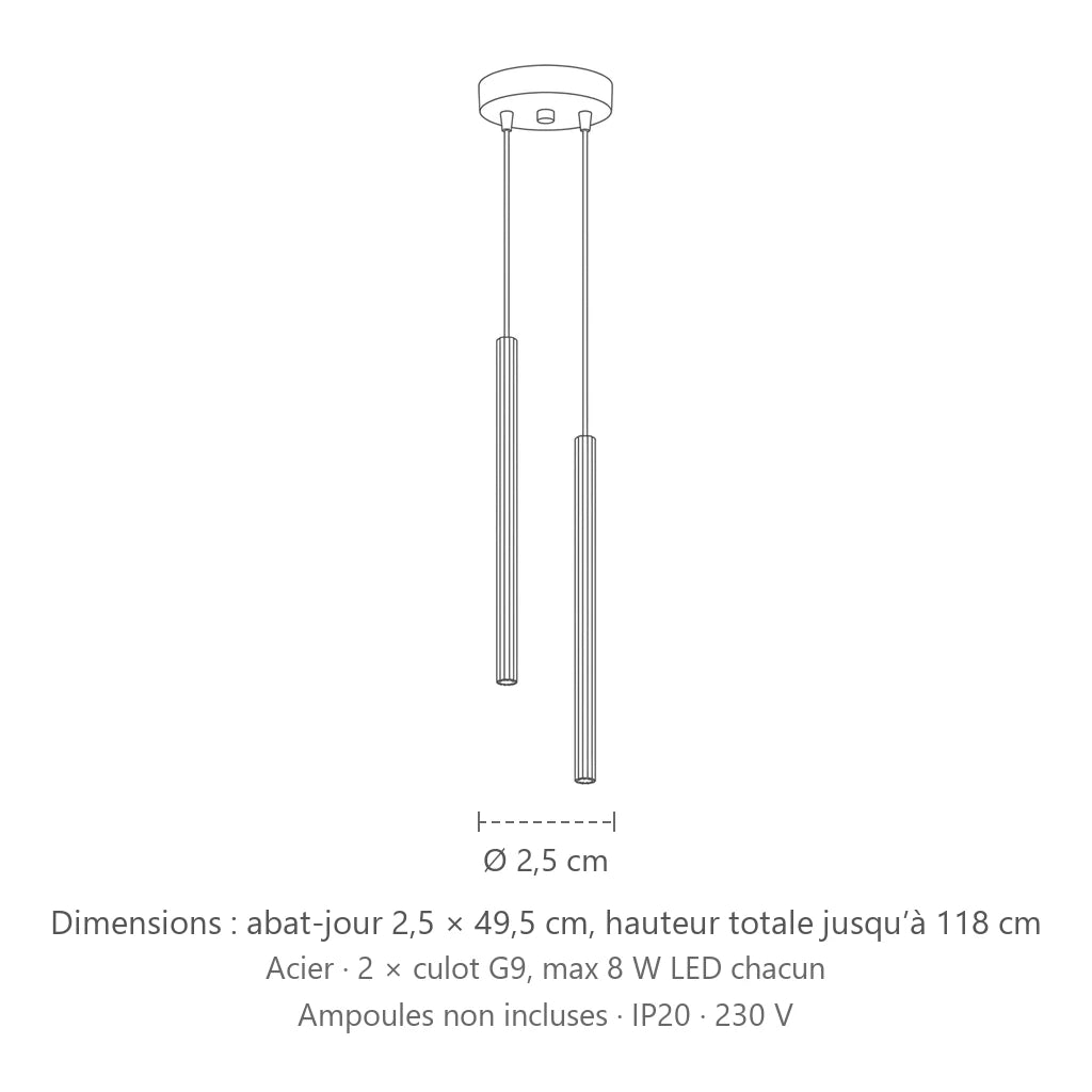Dimensions : suspension grappe tubes fins striés (2 lumières), abat-jour 2,5 × 49,5 cm, hauteur totale jusqu’à 118 cm