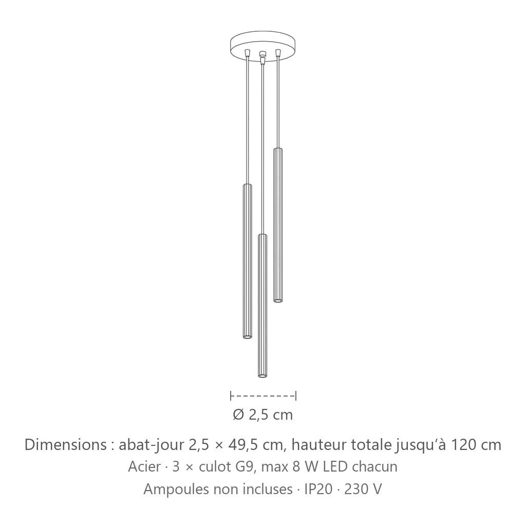 Dimensions : suspension grappe tubes fins striés (3 lumières), abat-jour 2,5 × 49,5 cm, hauteur totale jusqu’à 120 cm