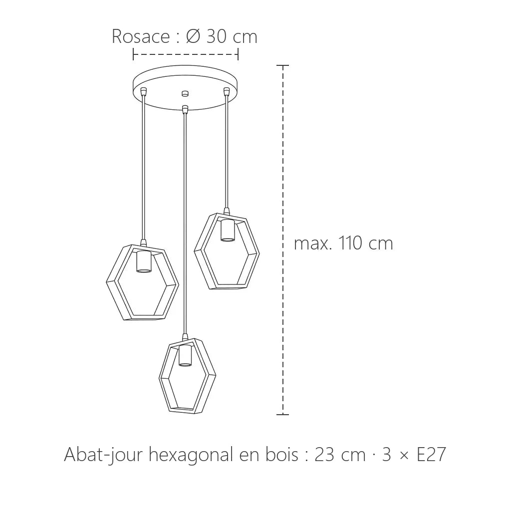 Dimensions de la version hexagones en bois : rosace Ø 30 cm, abat-jour 23 cm
