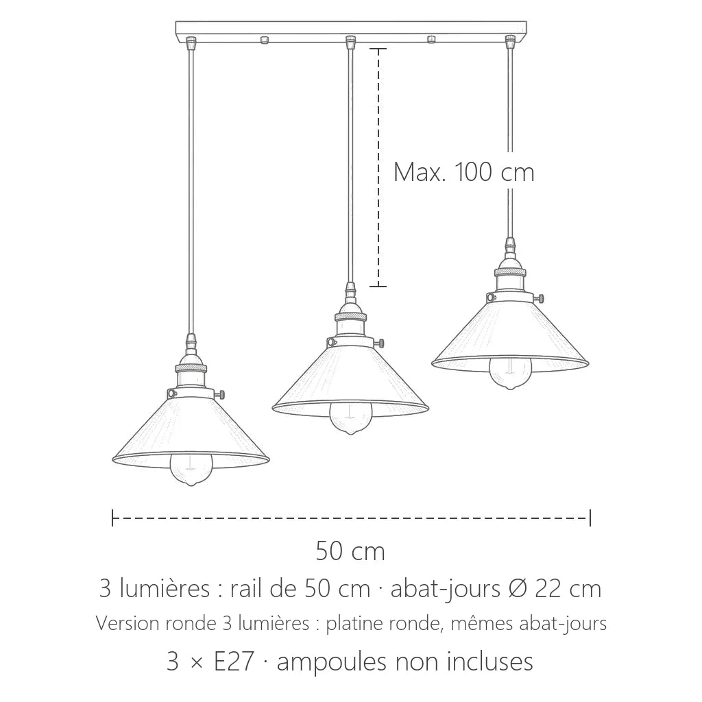 Dimensions de la suspension industrielle 3 lumières : rail de 50 cm