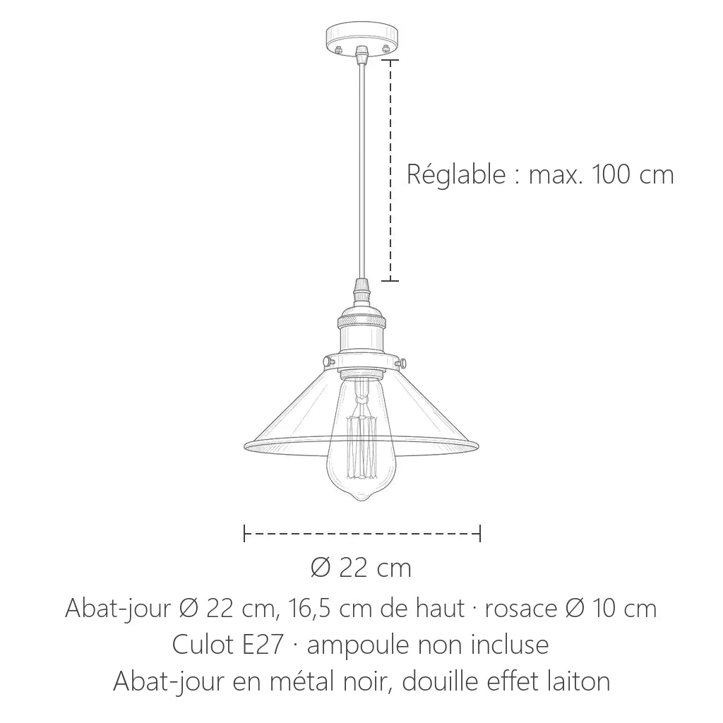 Dimensions de la suspension industrielle cône noir : Ø 22 cm, câble jusqu’à 100 cm