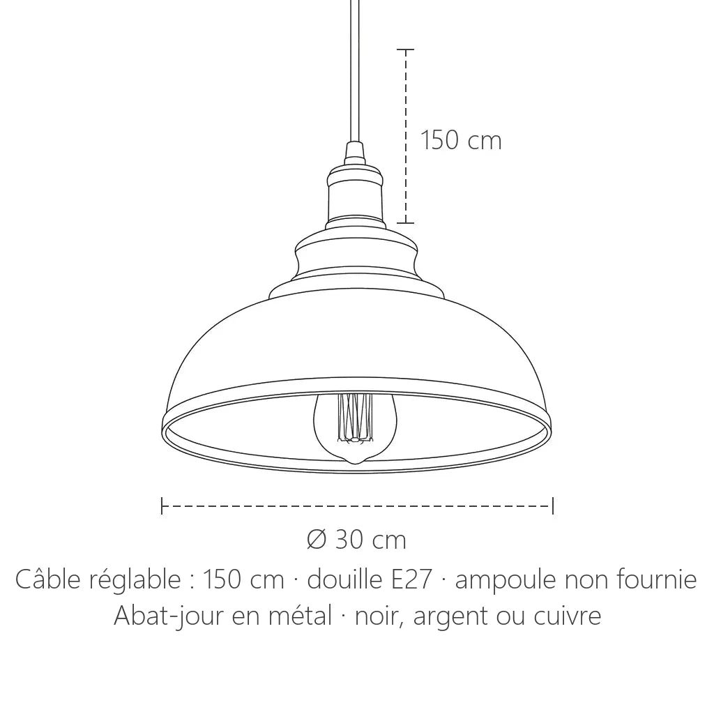Dimensions de la suspension industrielle dôme en métal : Ø 30 cm, câble 150 cm