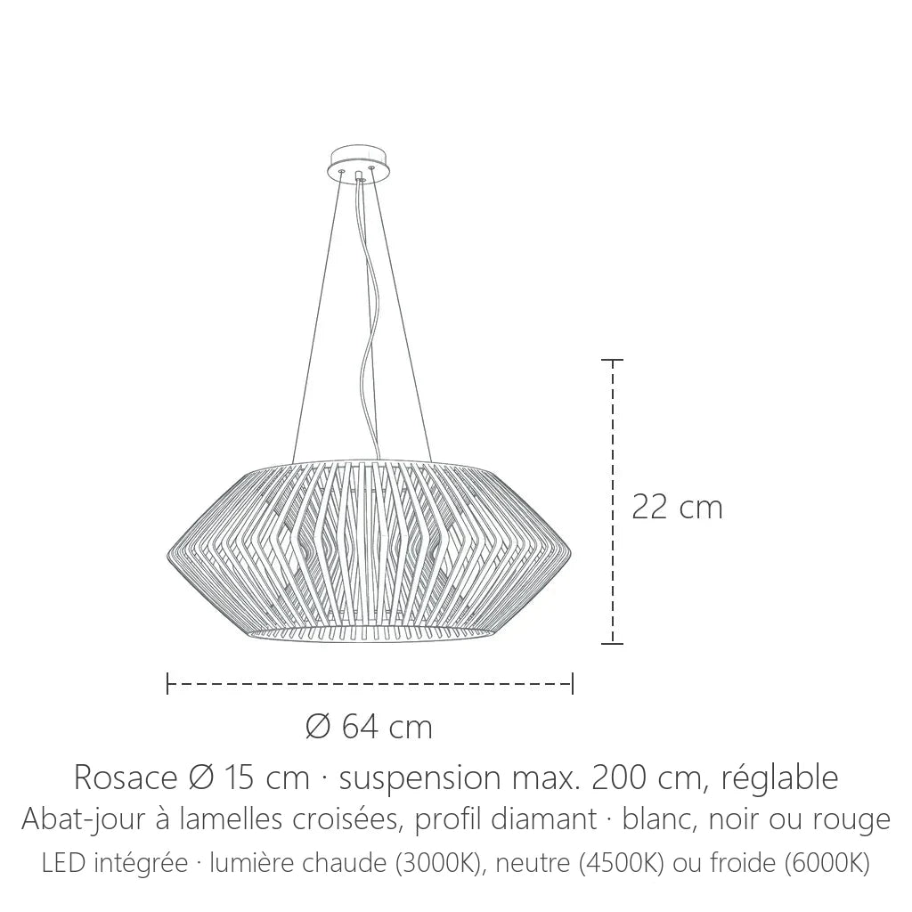 Dimensions de la suspension à lamelles profil diamant : Ø 64 cm, 22 cm de haut