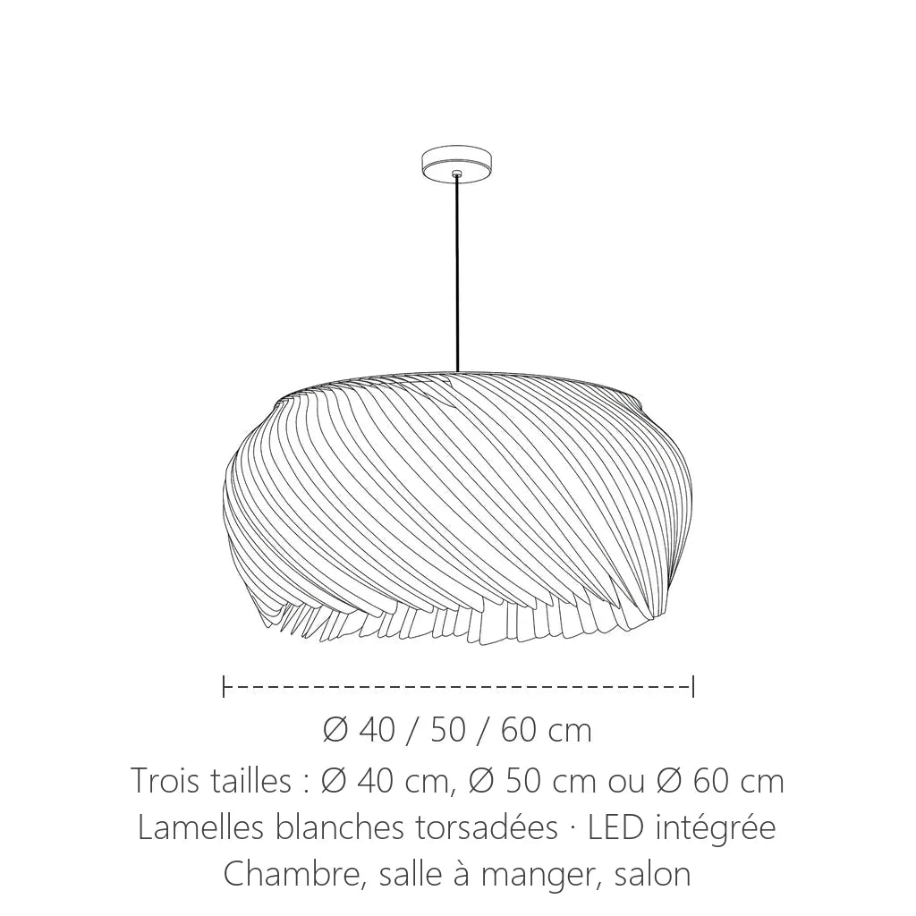 Dimensions de la suspension à lamelles torsadées : Ø 40, 50 ou 60 cm