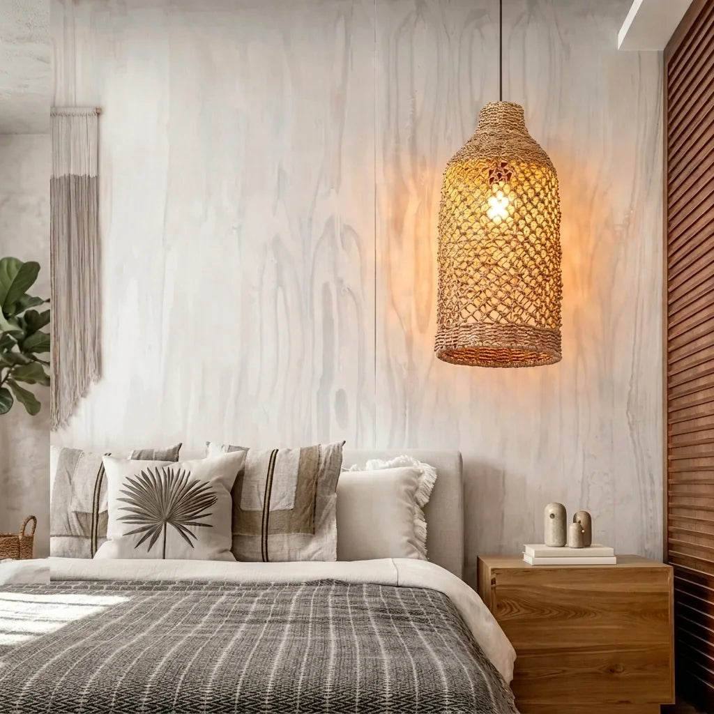 Suspension lanterne en bambou dans une chambre