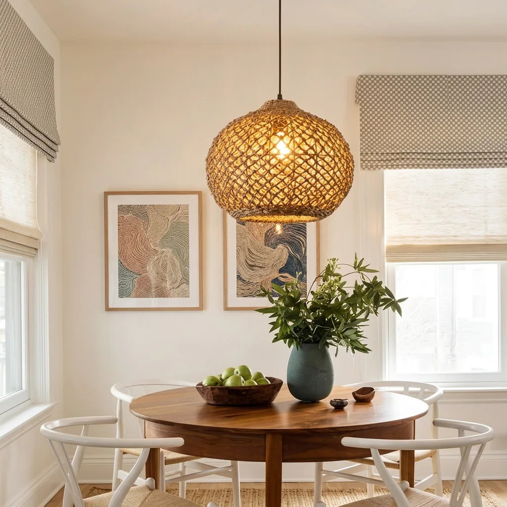 Suspension boule en bambou au-dessus d’une table ronde