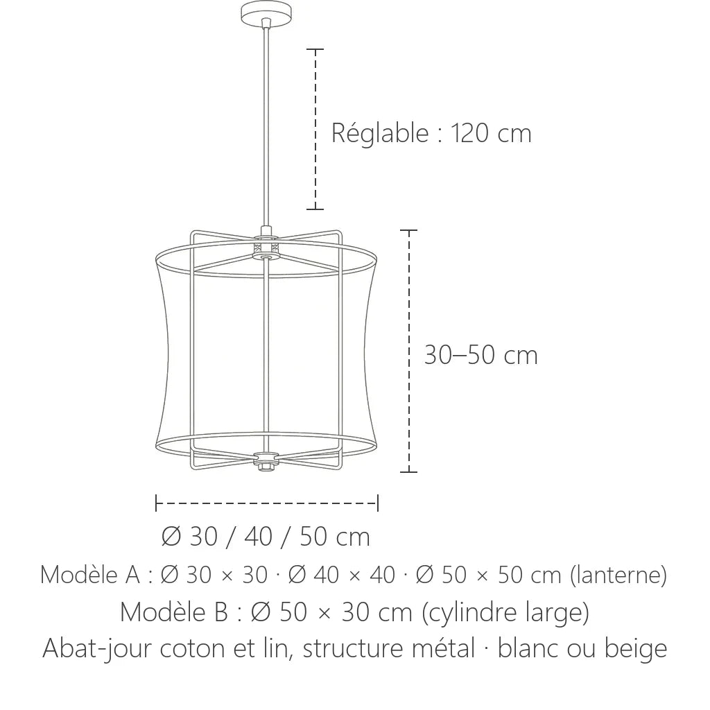 Dimensions de la suspension lanterne en lin : Ø 30 à 50 cm, câble réglable 120 cm