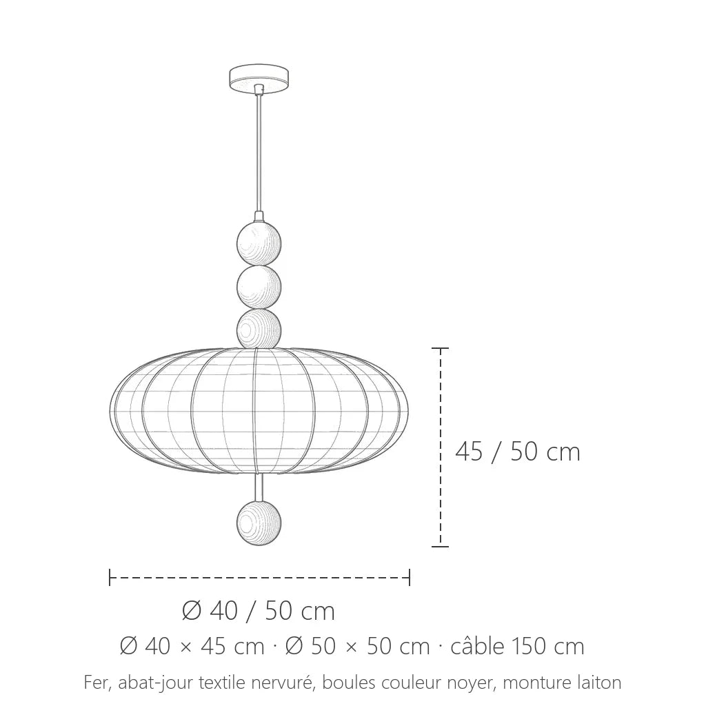 Dimensions de la suspension lanterne en tissu et boules de bois : Ø 40 ou 50 cm