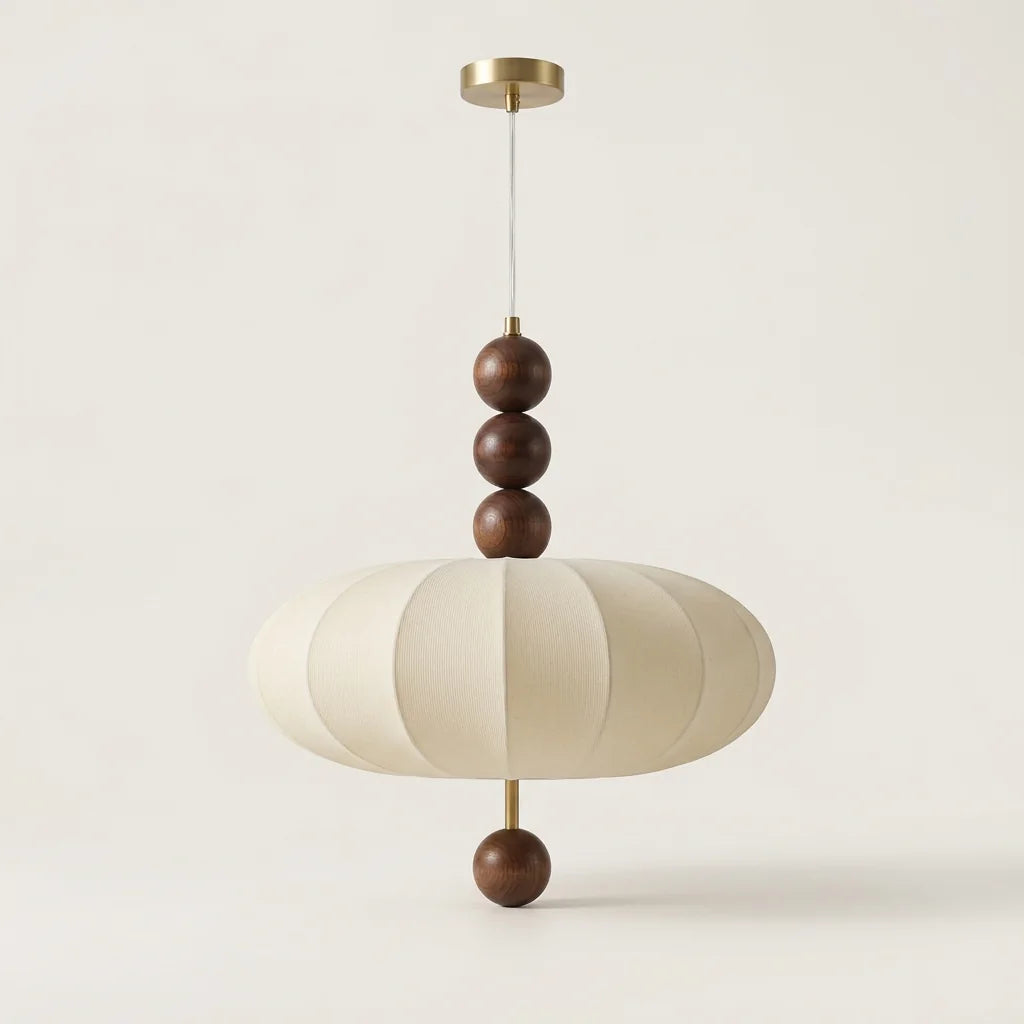 Suspension lanterne en tissu crème nervuré et boules de bois couleur noyer