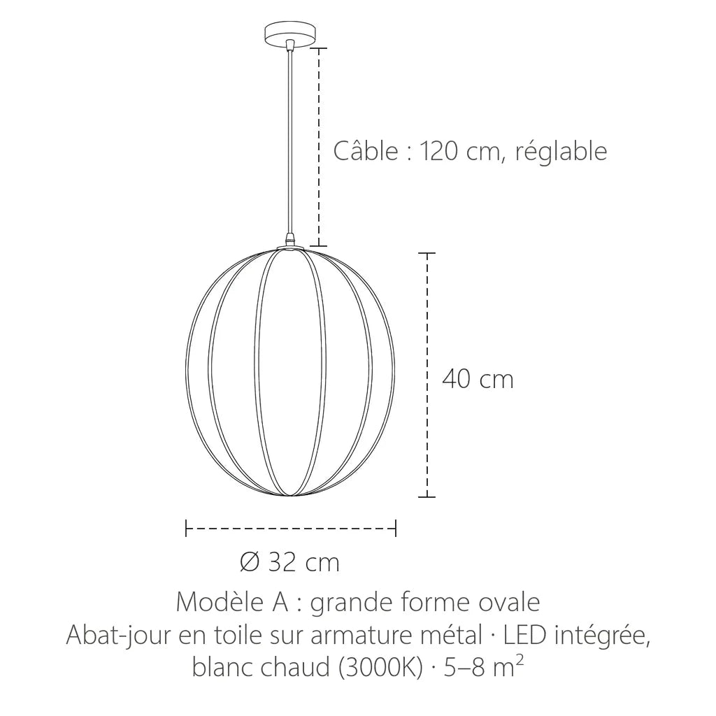 Dimensions de la suspension en toile, modèle A : Ø 32 cm, 40 cm de haut