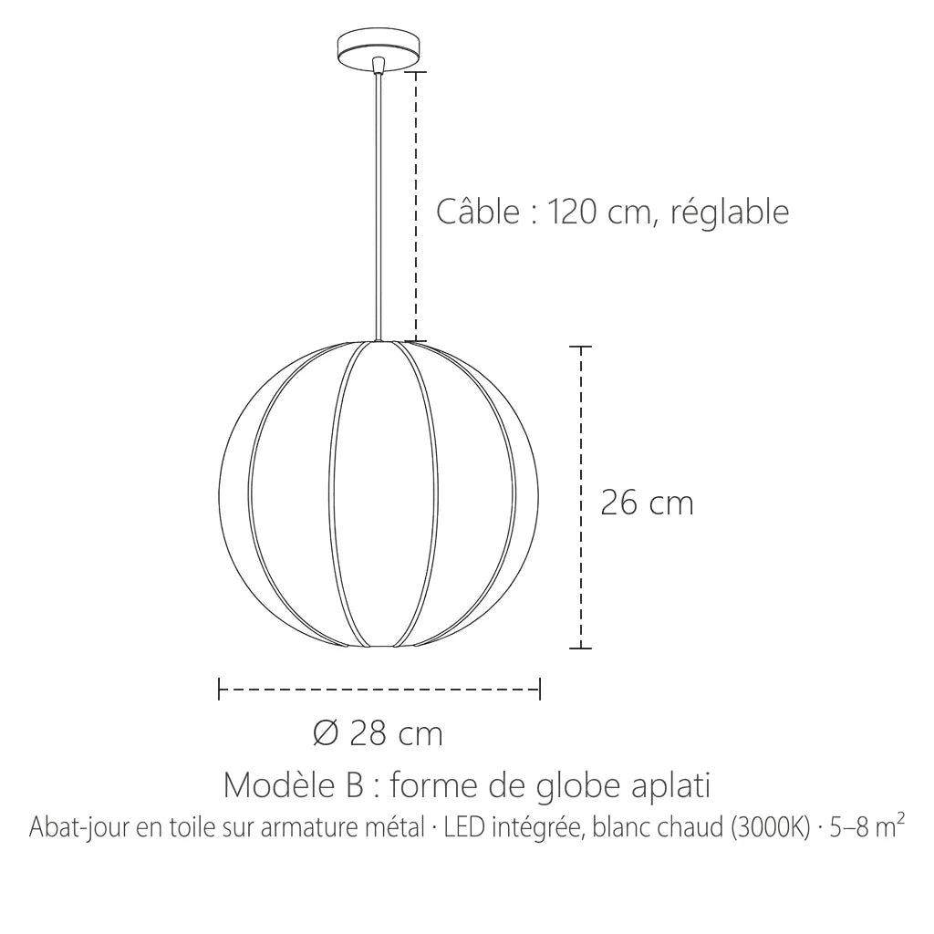 Dimensions de la suspension en toile, modèle B : Ø 28 cm, 26 cm de haut