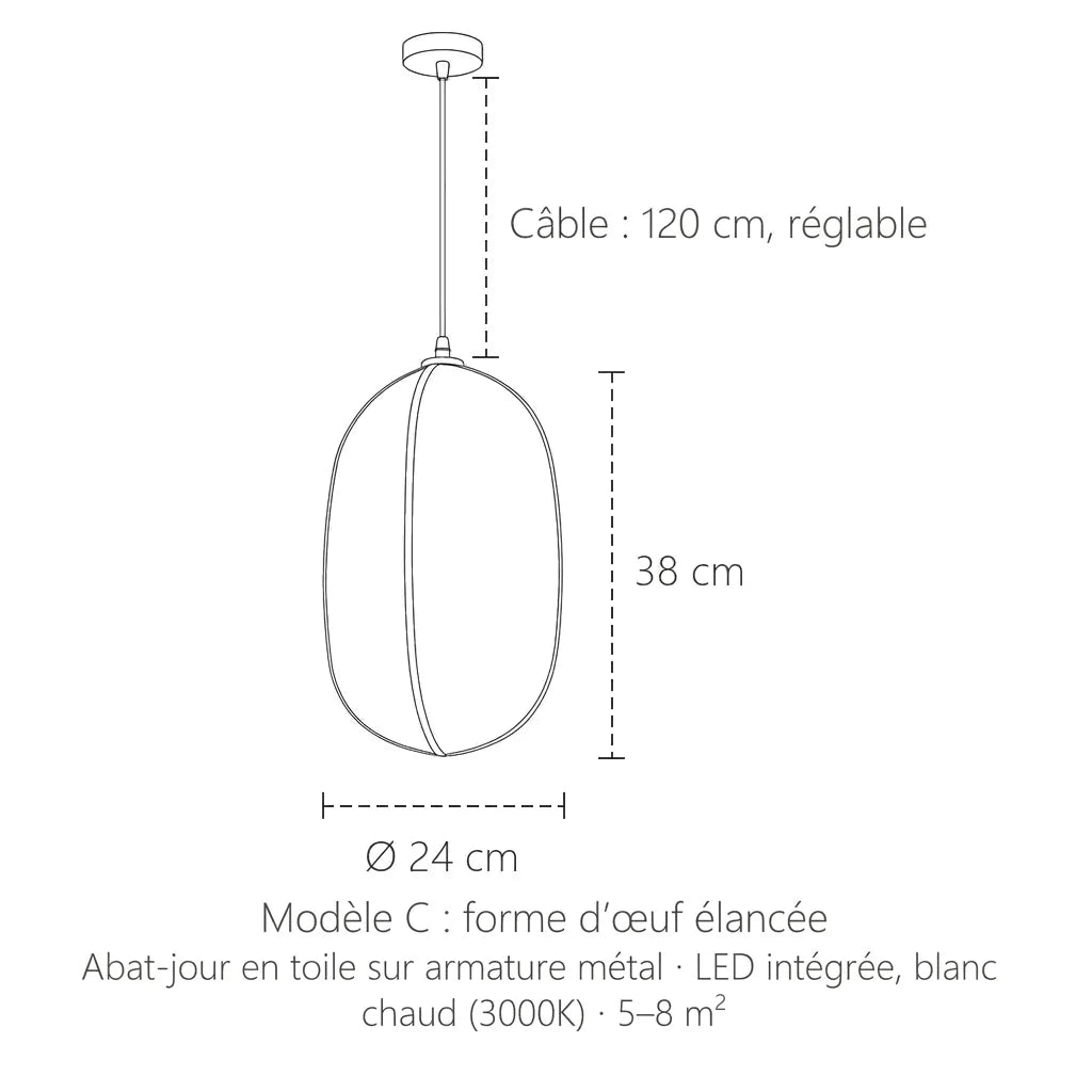 Dimensions de la suspension en toile, modèle C : Ø 24 cm, 38 cm de haut