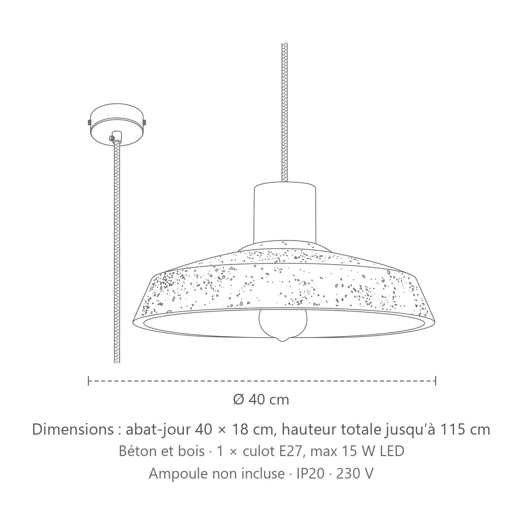 Dimensions : suspension large béton et bois, abat-jour 40 × 18 cm, hauteur totale jusqu’à 115 cm