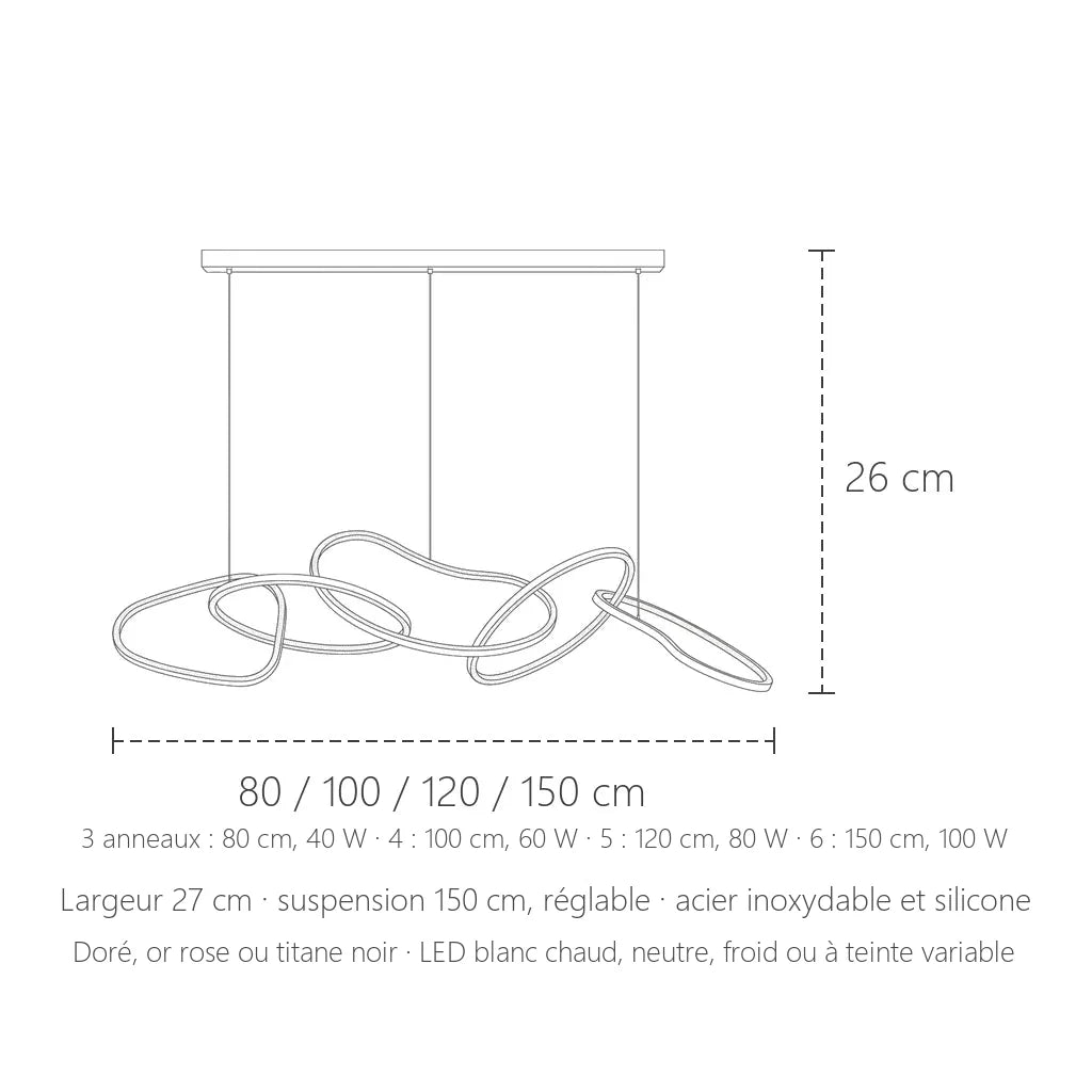 Dimensions de la suspension LED à anneaux entrelacés : 80 à 150 cm, 26 cm de haut