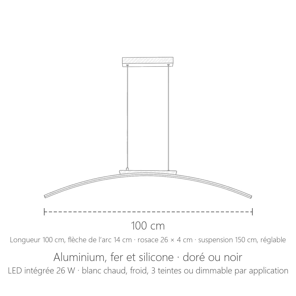 Dimensions de la suspension LED en arc : 100 cm de long
