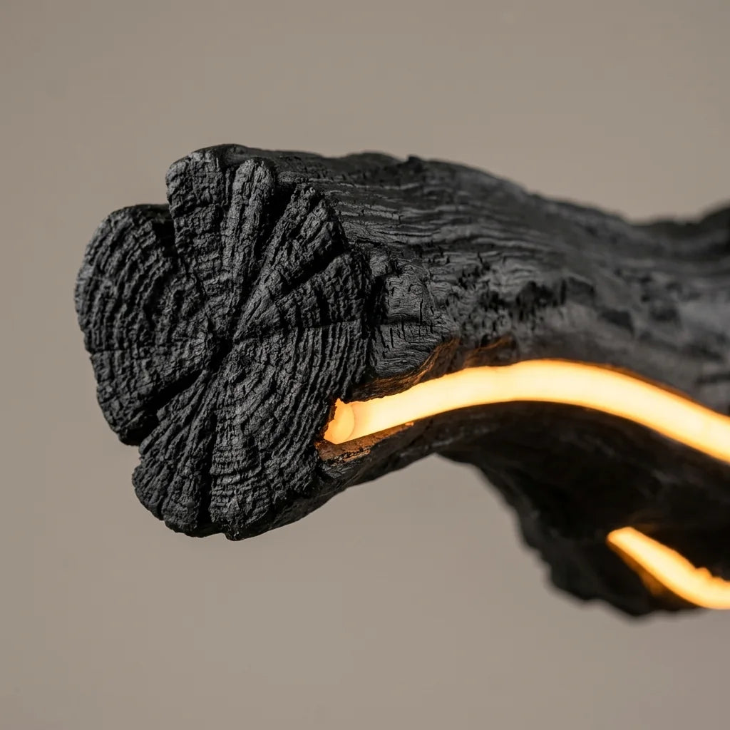 Texture bois brûlé et bande LED cachée vues de près