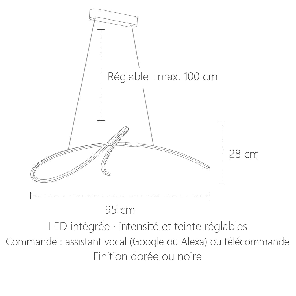 Dimensions de la suspension LED calligraphie : 95 cm de long, 28 cm de haut