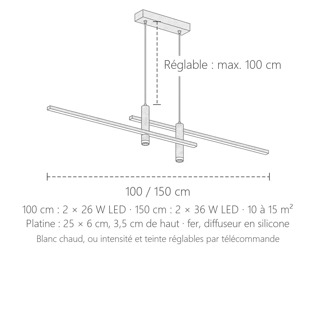 Dimensions de la suspension LED double barre : 100 ou 150 cm, suspension réglable jusqu’à 100 cm