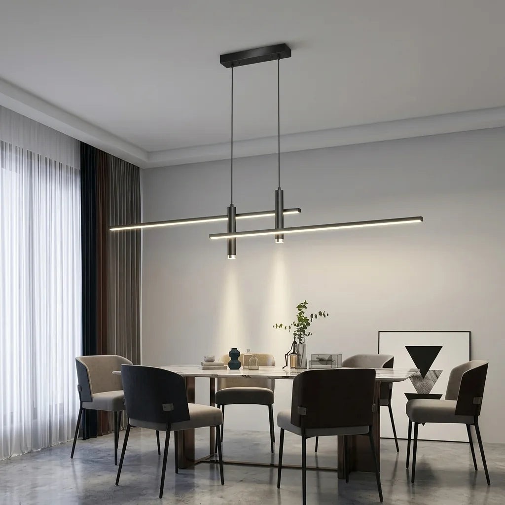 Suspension double barre au-dessus d’une table de salle à manger moderne
