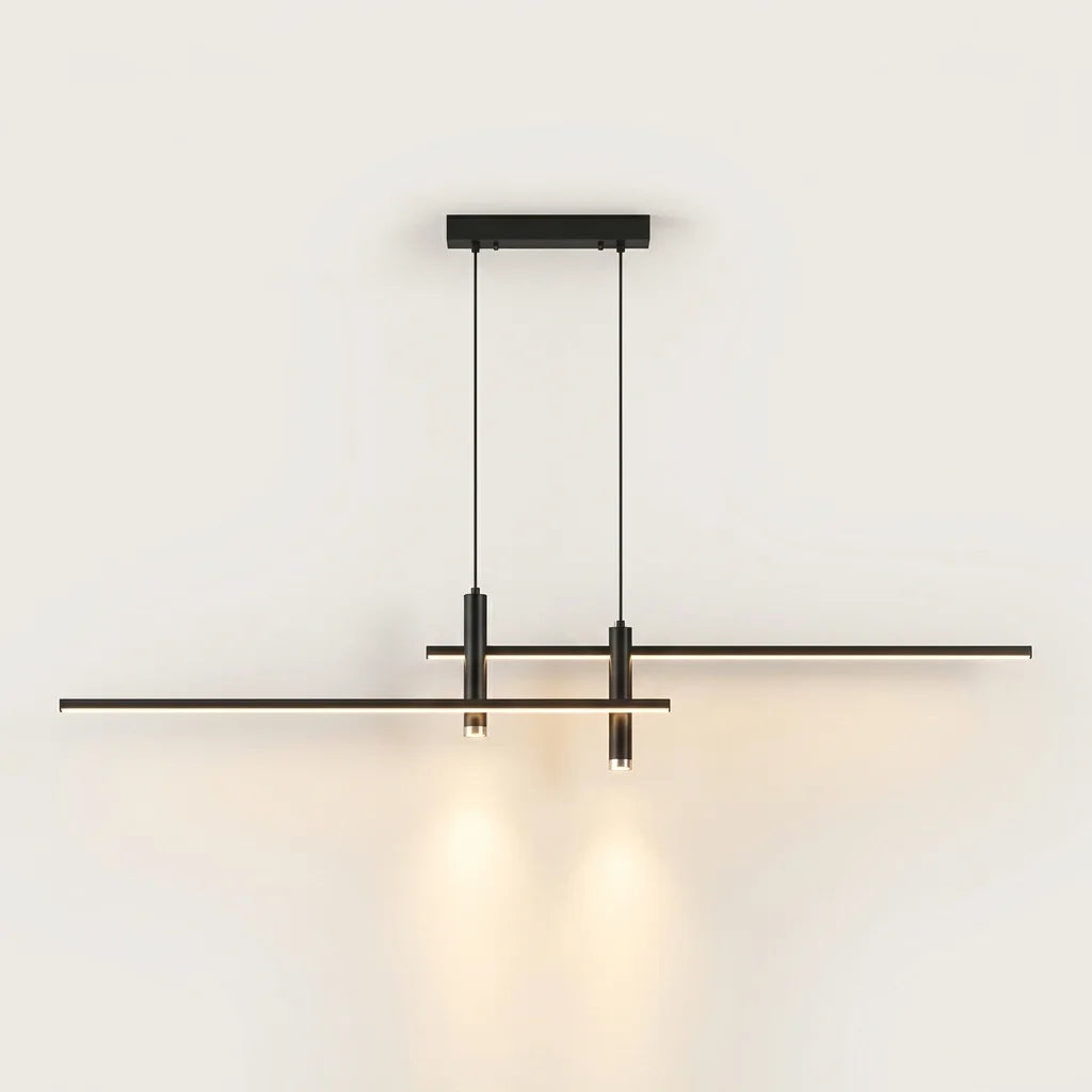 Suspension LED noire à deux barres lumineuses et deux spots