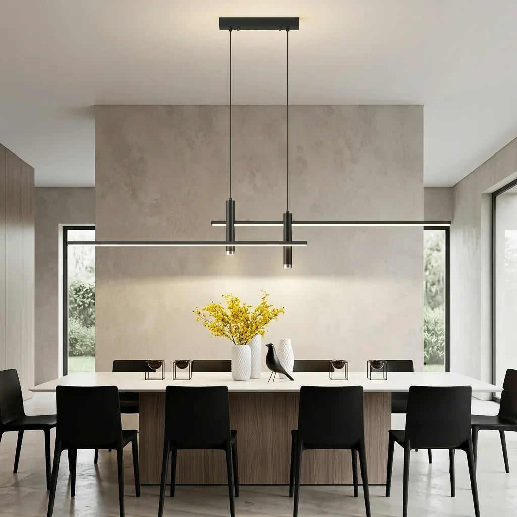 Suspension double barre au-dessus d’une longue table blanche