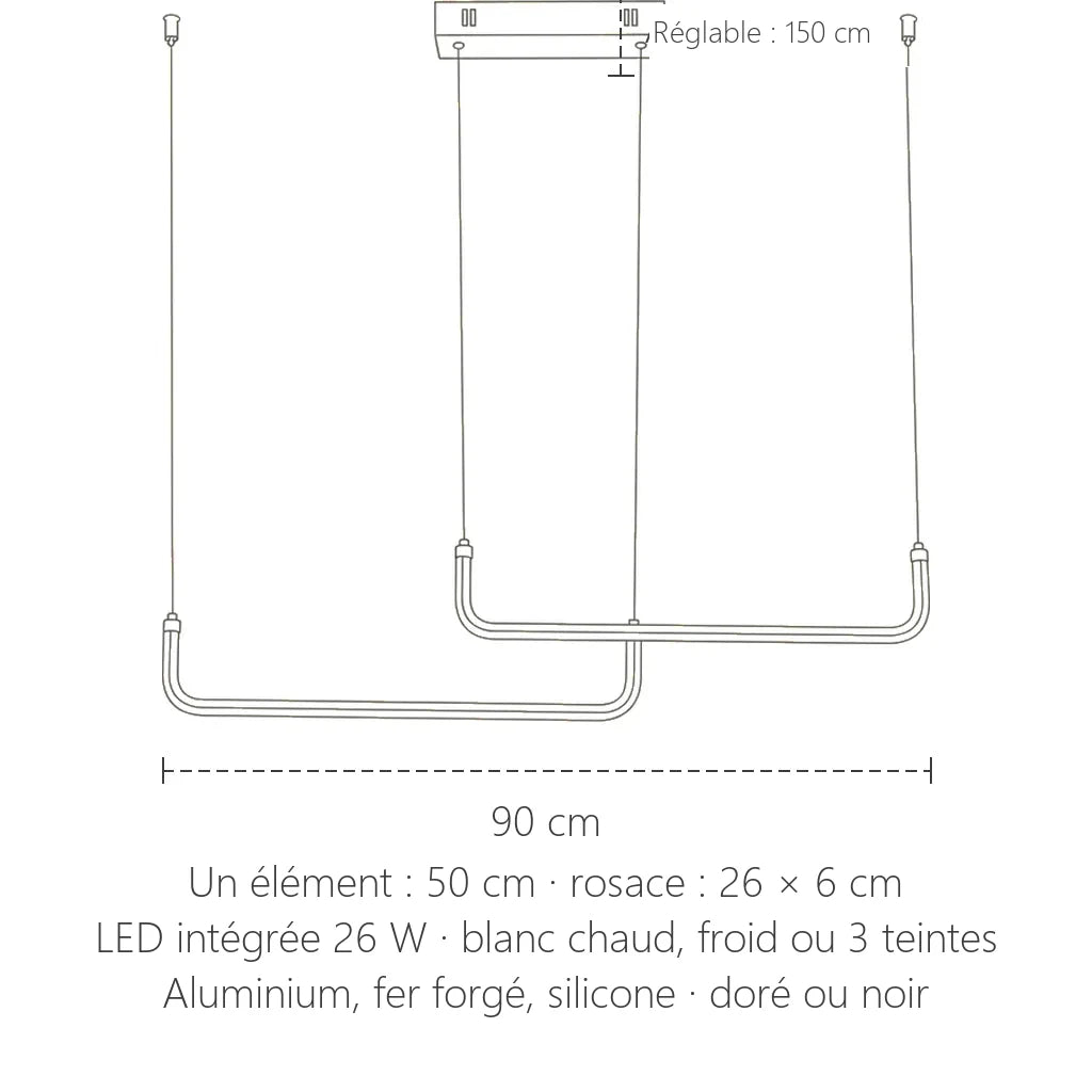 Dimensions de la suspension LED double U : 90 cm de long